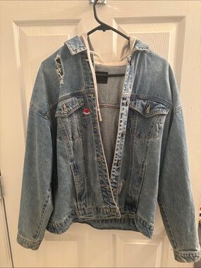 Streetwear Society Light Blue Distressed Denim Jacket with Cream Hood